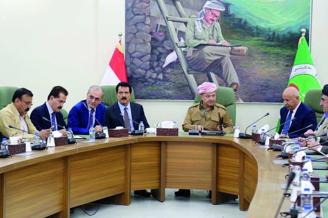 Kurdish Regional President Massoud Barzani (centre) meeting with Kirkuk provincial Governor Najim Al Din Karim (third left) and representatives of Kurdish political parties in Kirkuk.