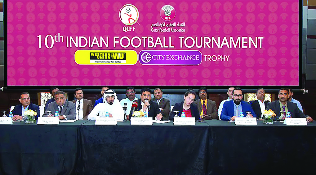 Shamsudheen Olakara, QIFF President, P K Hyderali, General Secretary, K Mohammed Easa and A Suhail (Vice-Presidents), Tahir (Treasurer), Hussain Kadannamanna (PR Secretary) and Sharaf P Hameed (CEO, City exchange) and other officials at the press conferen