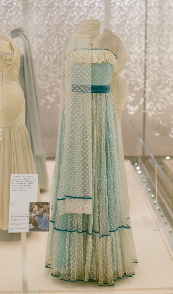 A dress by designer Regimes and worn by Princess Diana at the Ball at Althrop House in 1979, pictured during a press preview of forthcoming exhibition entitled