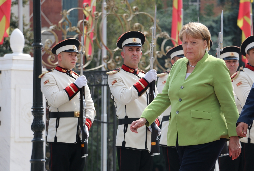 German Chancellor Angela Merkel is welcomed by Macedonian Prime Minister Zoran Zaev in Skopje, Macedonia on September 8, 2018. Besar Ademi - Anadolu
