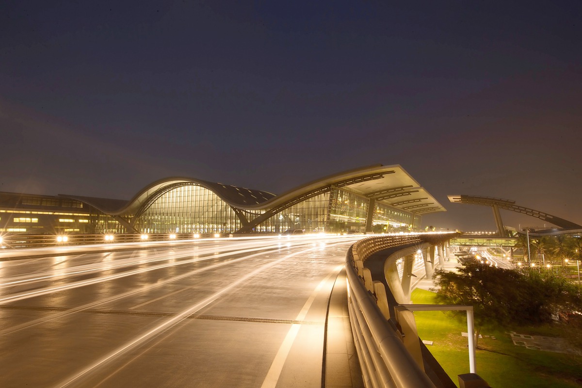A night view of Hamad International Airport.