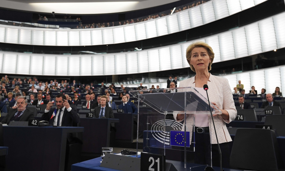 Former German Defence Minister and newly-appointed EU commission Ursula von der Leyen delivers a speech during her statement for her candidacy for President of the Commission at the European Parliament on July 16, 2019 in Strasbourg, eastern France. AFP /