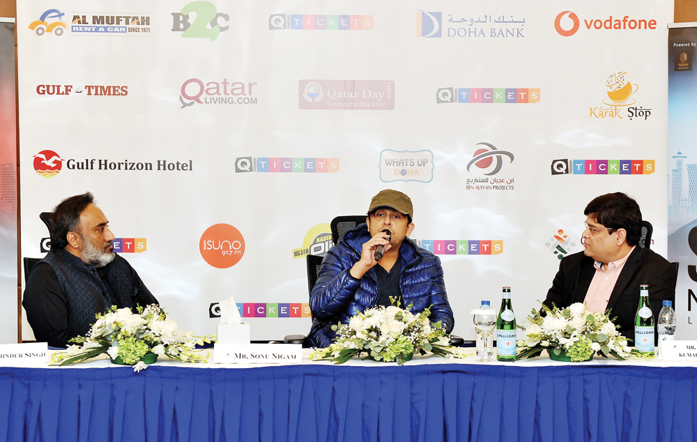 Sonu Nigam (centre), playback Bollywood singer, with officials during a press conference in Doha, yesterday. Pic: Abdul Basit/The Peninsula