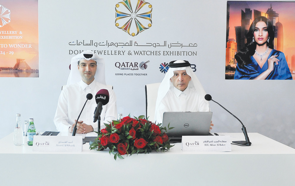 Secretary-General of QNTC and Group Chief Executive of Qatar Airways, H E Akbar Al Baker (right), and Director of Exhibitions at QNTC, Ahmed Al Obaidli, during a press conference on the 17th Doha Jewellery and Watches Exhibition at JW Marriott Marquis Cit