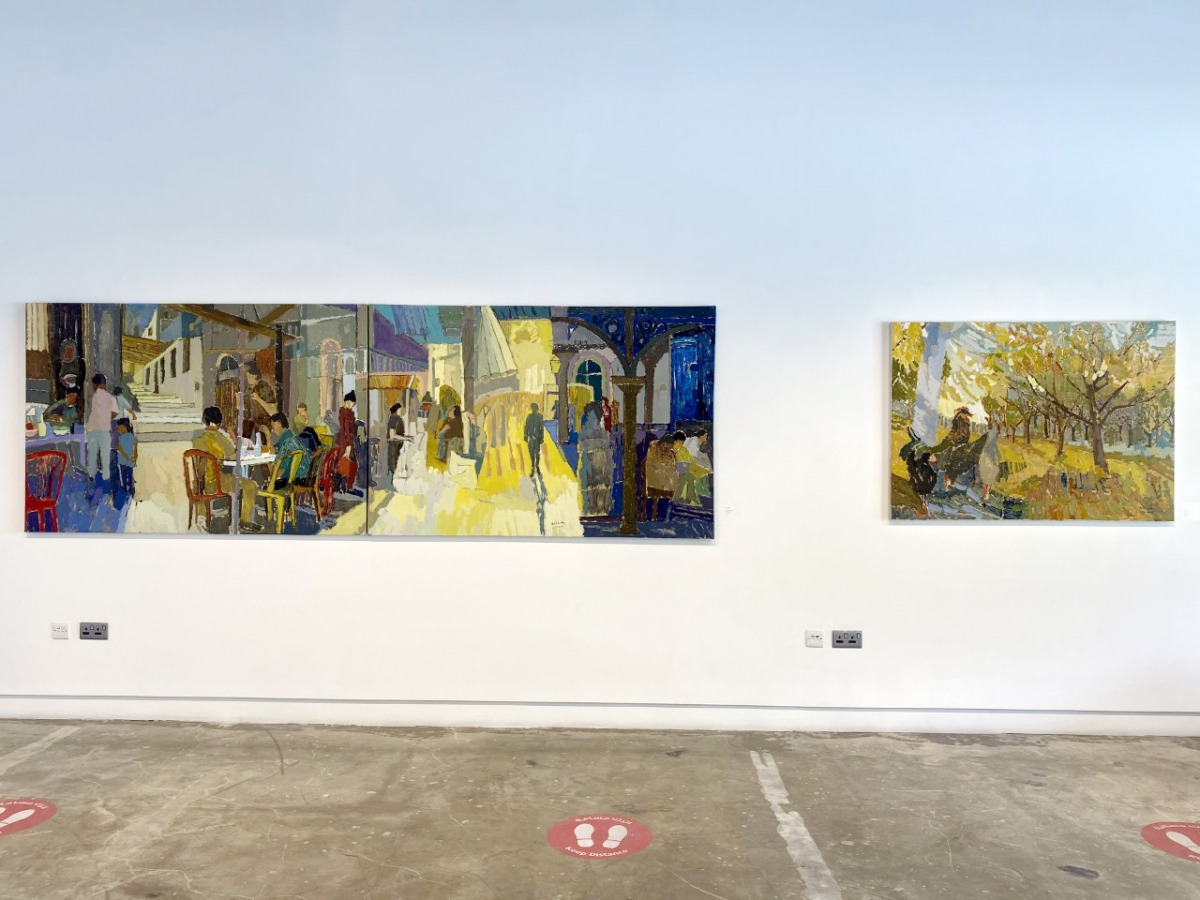 “Baalbek Souq” (left) and “Rooster Crow” by Issa Halloum.