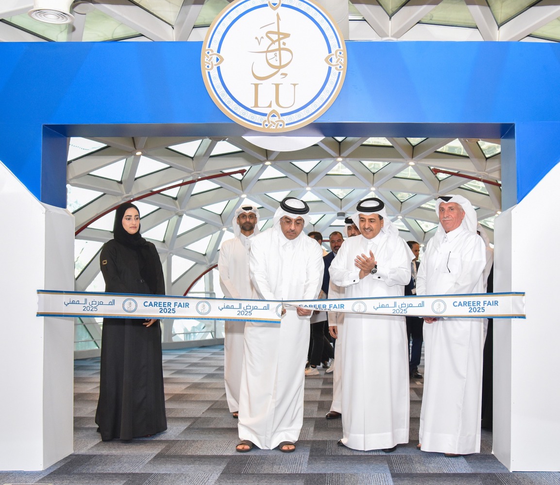 Minister of Labour H E Dr Ali bin Smaikh Al Marri and Chairman of the Board of Trustees of Lusail University H E Dr. Ali bin Fetais Al Marri with other officials during the opening of the Career Fair.
