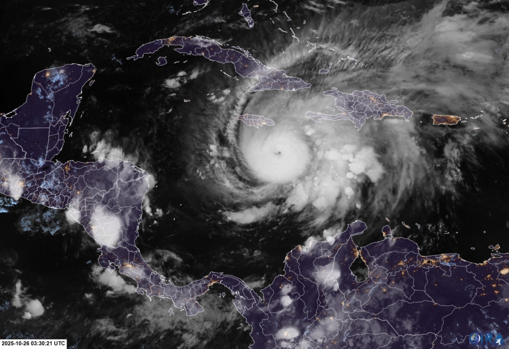 The RAMMB/CIRA satellite image shows hurricane Melissa southeast of Jamaica. Hurricane Melissa was cutting a deadly path in the Caribbean on the night of October 25. Photo by RAMMB/CIRA / AFP