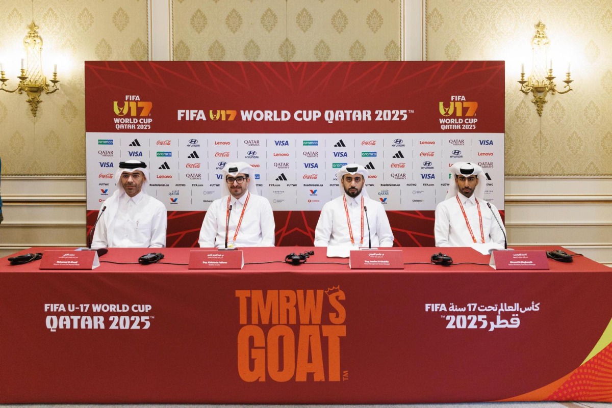 From left: Director of Local and Regional Media Mohammed Al-Khanji, Mobility Director Eng. Abdulaziz Fakhroo, Venue Management Senior Manager Eng. Jassim Al-Obaidly, and Senior Marketing Communication Manager Ahmed Al Meghessib during a press conference held at Al Aziziyah Boutique Hotel yesterday.